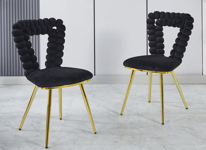 Modern Chair With Golden Iron Tube Legs - Black Soft Cushions And Comfortable Backrest, Suitable For Dining Room, Living Room, Cafe, Hairball Back (Set of 2) - Black