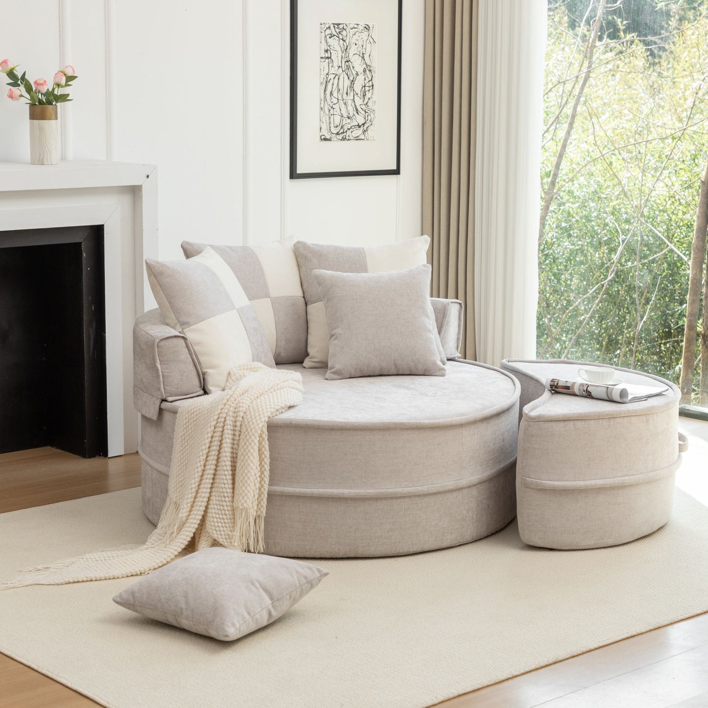 Modern Oversized Round Barrel Accent Chair With Ottoman - Velvet Upholstered Lounge Armchair With 5 Pillows For Living Room Or Bedroom - Gray