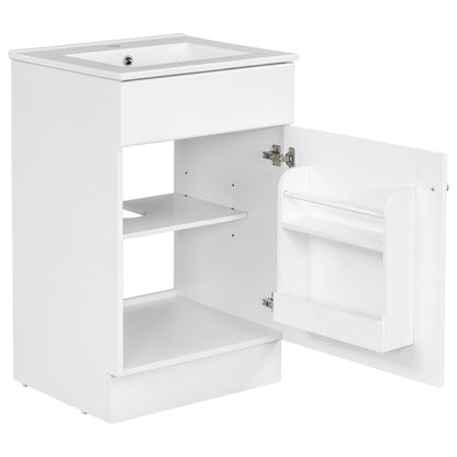 20" Bathroom Vanity With Sink, Freestanding Cabinet With Door Shelf And Adjustable Shelf, And Ceramic Construction - White