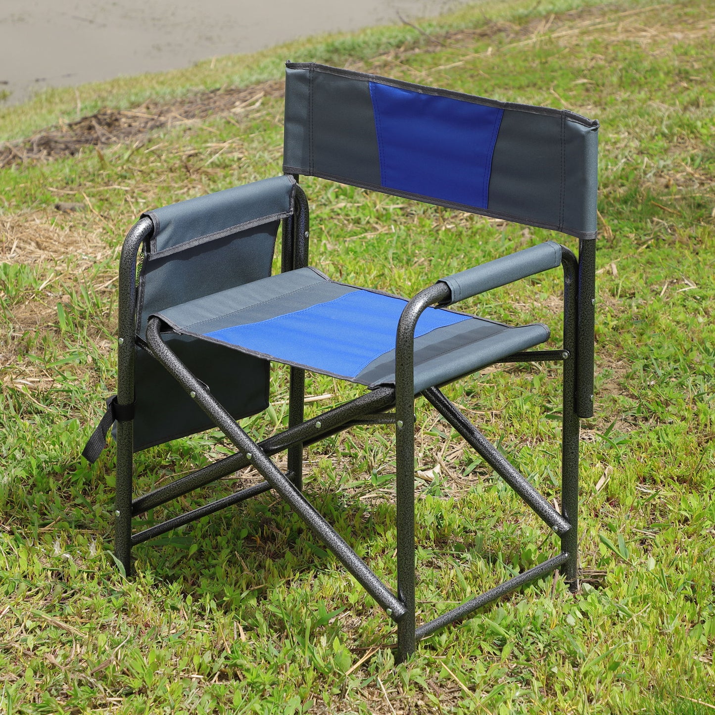 Padded Folding Outdoor Chair With Storage Pockets, Lightweight Oversized Directors Chair For Indoor, Outdoor Camping, Picnics And Fishing - Blue / Gray