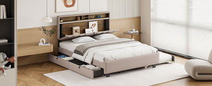 Queen Size Upholstered Platform Bed With Storage Headboard, Twin Long Size Trundle & 2 Drawers And A Set Of Sockets & USB Ports - Beige