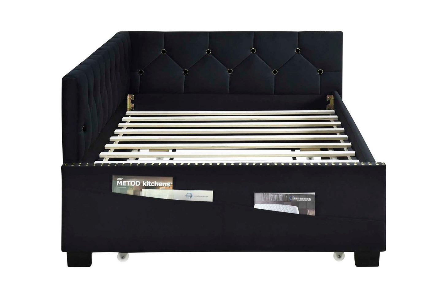 Upholstered Twin Size Daybed Bed Frame (Corner Bed) With Trundle, Velvet Fabric, Studding Design, No Box Spring Required - Black