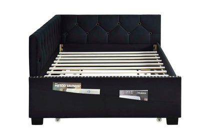 Upholstered Twin Size Daybed Bed Frame (Corner Bed) With Trundle, Velvet Fabric, Studding Design, No Box Spring Required - Black