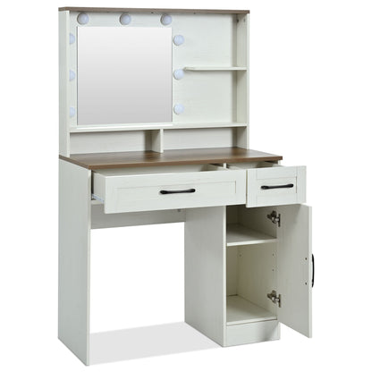Farmhouse Makeup Vanity Desk With Mirror And Lights, 3 Lighting Modes, Vanity Set With Stool, Dressing Table With Adjustable Shelves, 2 Drawers And Side Cabinet For Bedroom - White