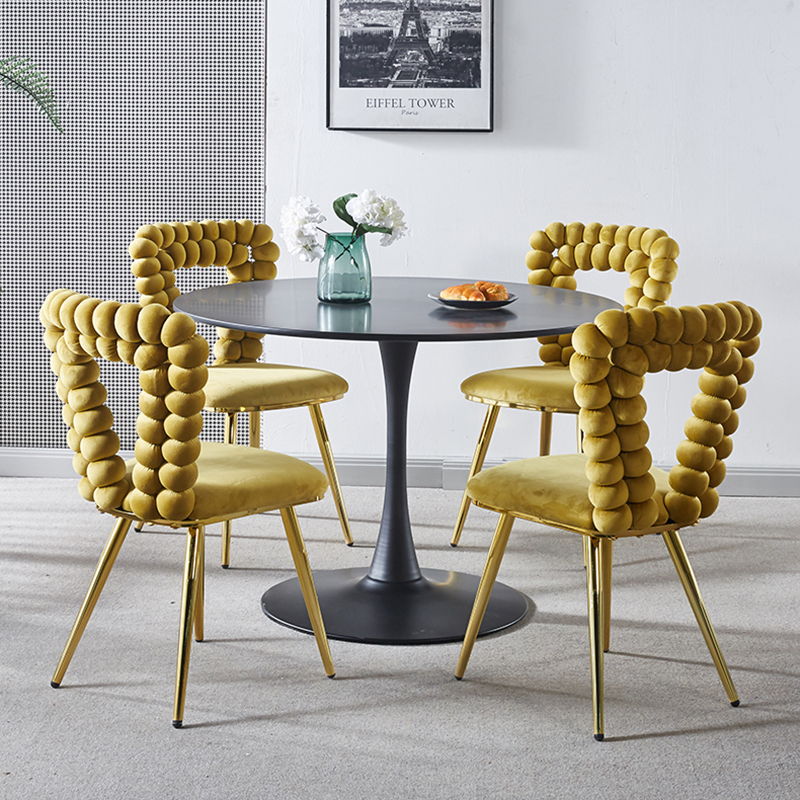 Modern Chair With Iron Tube Legs, Soft Cushions And Comfortable Backrest, Suitable For Dining Room, Living Room, Cafe, Hairball Back (Set of 4) - Yellow / Gold