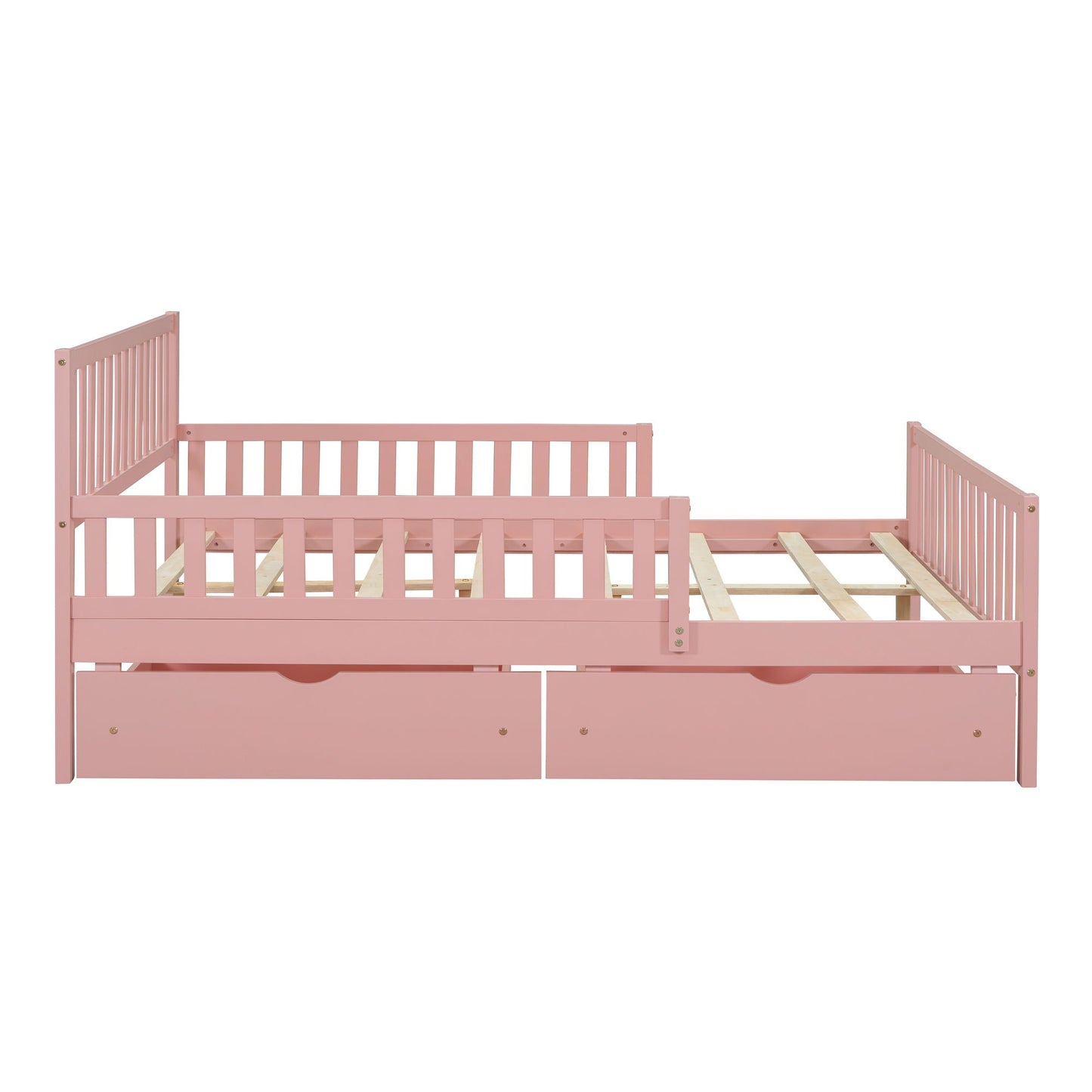 Full Size Platform Bed With Guardrails On Both Sides And 2 Storage Drawers - Pink