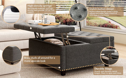 Massive Square Storage Bench, Footstool With 2 Storage Doors, Mid - Century Modern Coffee Table For Living Room, Nailhead Inlay - Dark Gray
