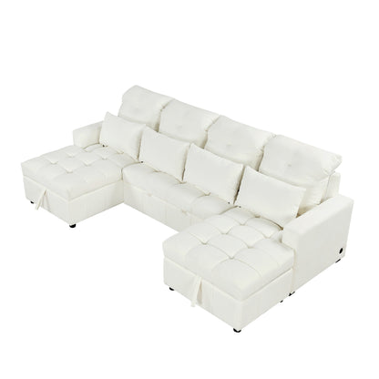 Oversized U - Shaped Sofa Versatile Sectional Sofa Pull Out Sofa Bed With Double Storage Chaise Lounges And 2 USB Ports For Living Room - Beige