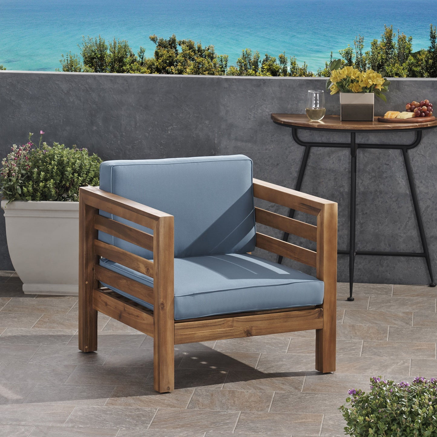 Outdoor Club Chair, Acacia Wood Patio Chair With Fabric Cushion For Backyard, Poolside, Garden Or Porch - Pecan / Blue