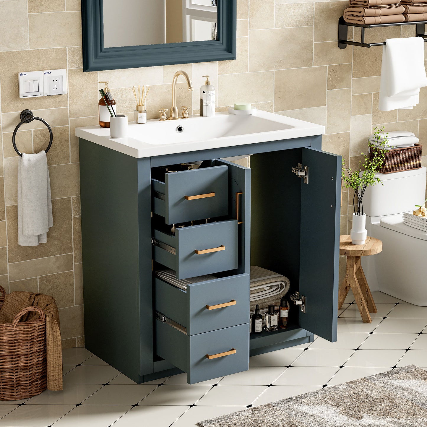 Bathroom Vanity With Ceramic Sink Combo, Frame Bathroom Storage Cabinet, Freestanding Vanity Set With 3 Drawers & Soft Closing Doors - Blue