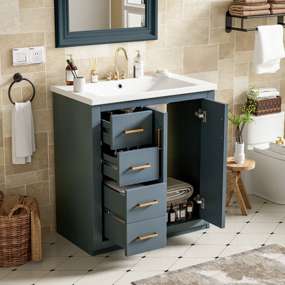 Bathroom Vanity With Ceramic Sink Combo, Frame Bathroom Storage Cabinet, Freestanding Vanity Set With 3 Drawers & Soft Closing Doors - Blue