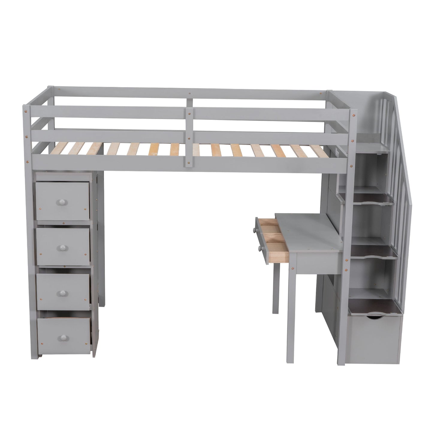 Twin Size Loft Bed With Storage Drawers, Desk And Stairs With Shelves - Gray