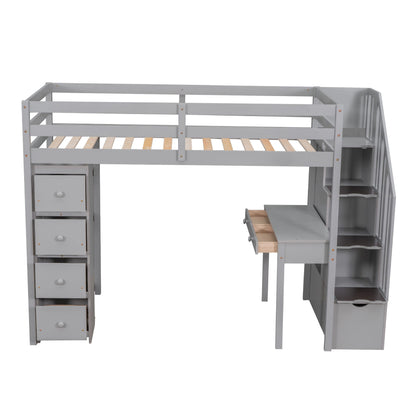 Twin Size Loft Bed With Storage Drawers, Desk And Stairs With Shelves - Gray
