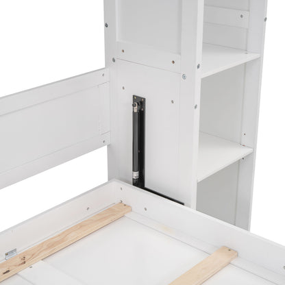 Full Size Murphy Wall Bed With Shelves And LED Lights - White