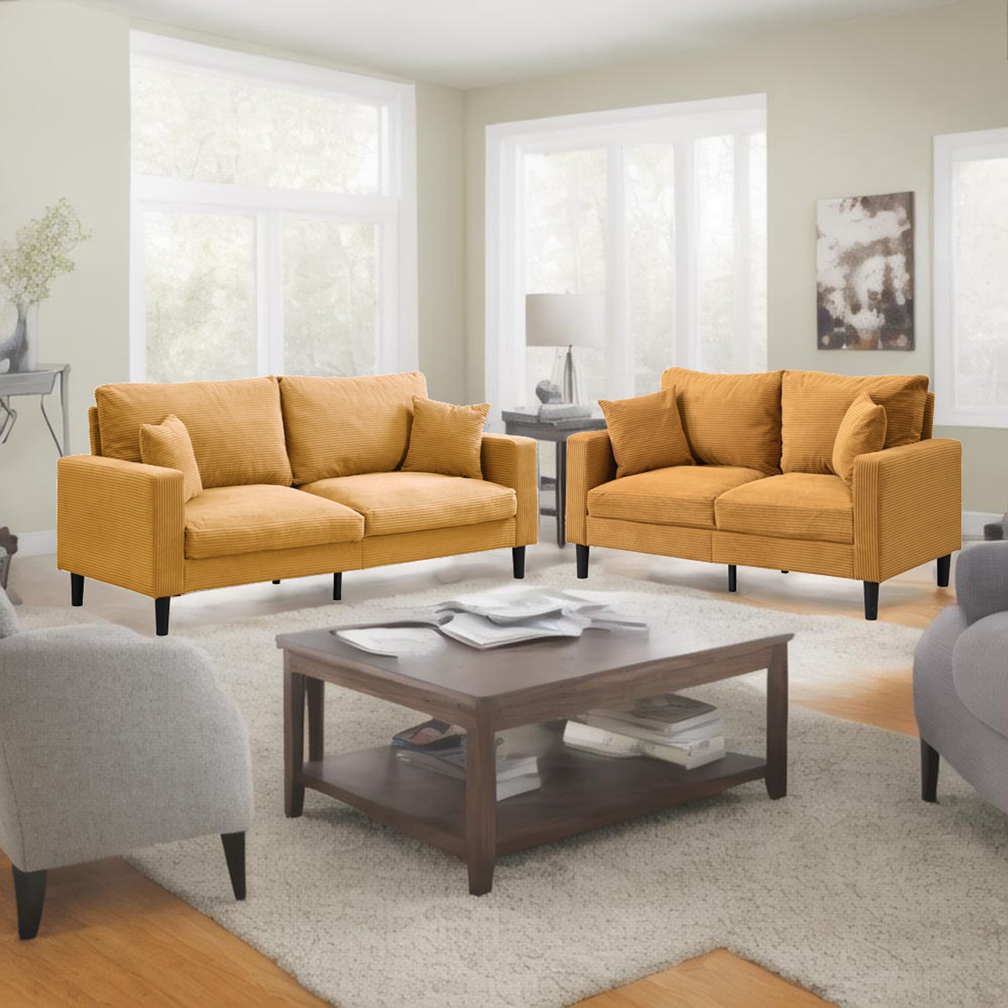 Modern Upholstered 2 Piece Sofa Set, Comfy Corduroy For Living Room And Small Spaces - Orange