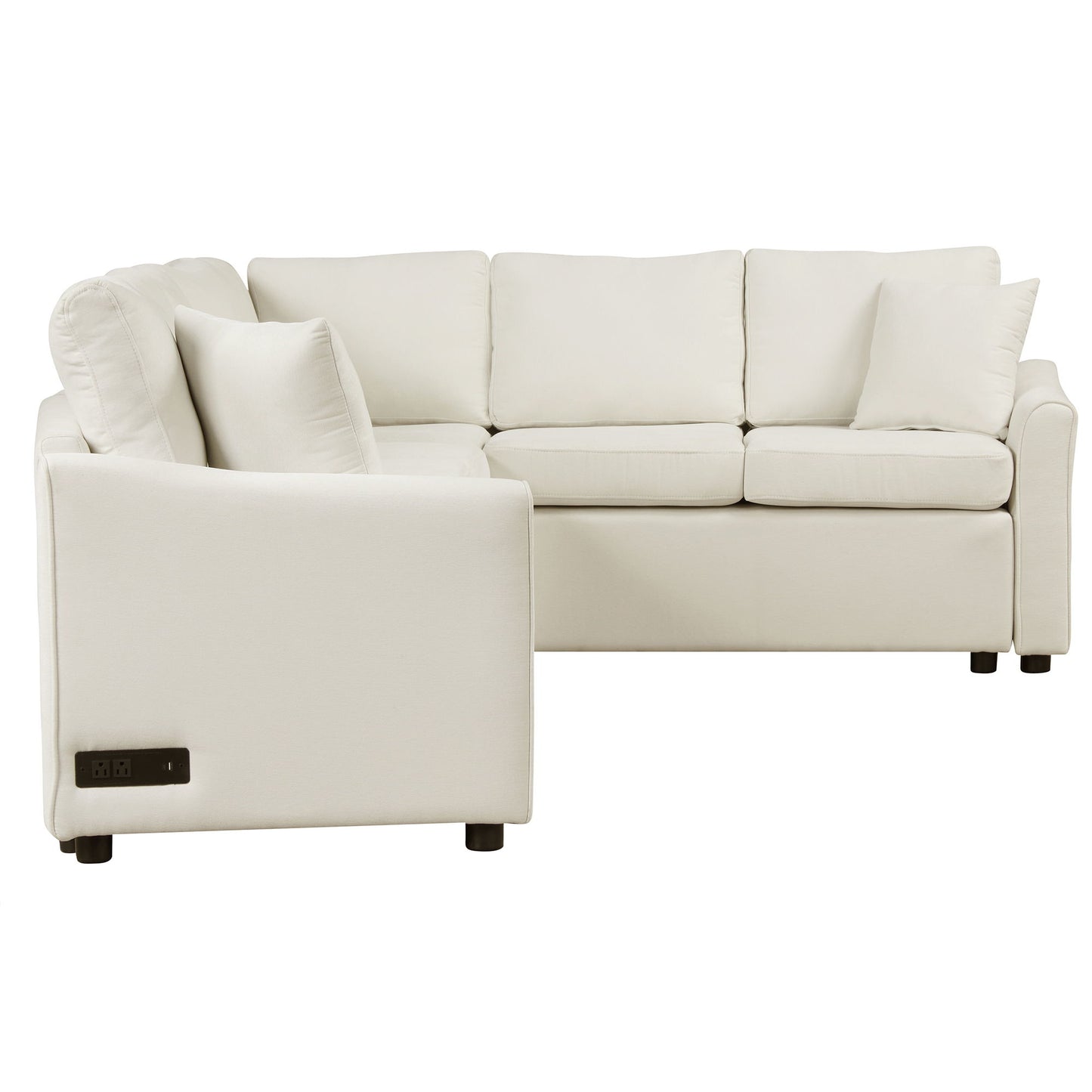 L-Shaped Sofa Convertible Sofa Bed Pull Out Sofa Sleeper With Two Back Pillows, Two USB Ports And Two Power Sockets For Living Room - Beige