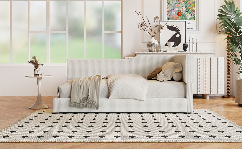 Twin Size L Shaped Upholstered Daybed - Beige