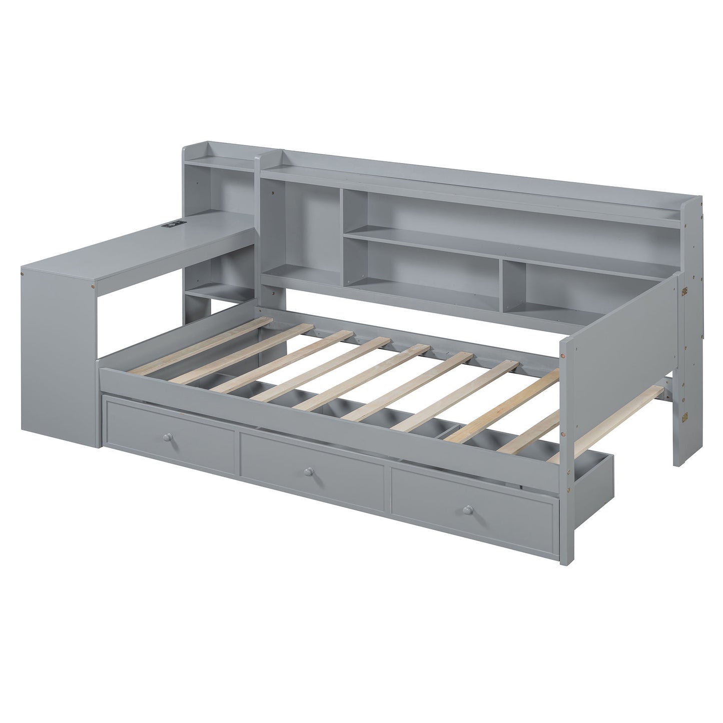 Twin Size Daybed With 3 Drawers USB Ports And Desk - Gray