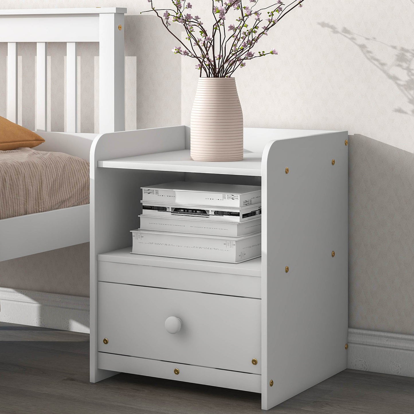 Twin Bed With Headboard And Footboard For Kids, Teens, Adults, With A Nightstand - White