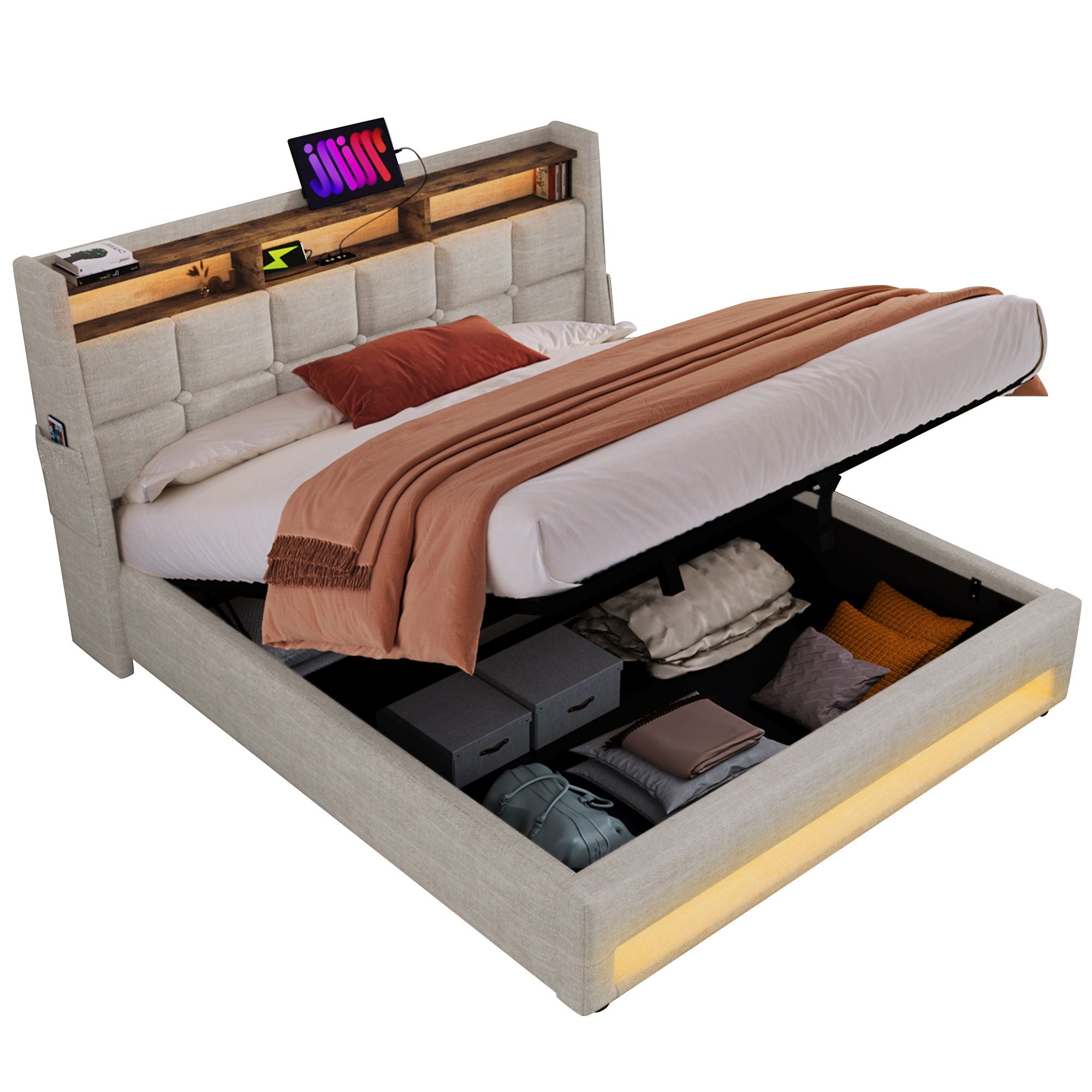 Queen Size Upholstered Platform Bed With A Hydraulic Storage System, LED And USB Charging (Without Mattress) - Natural