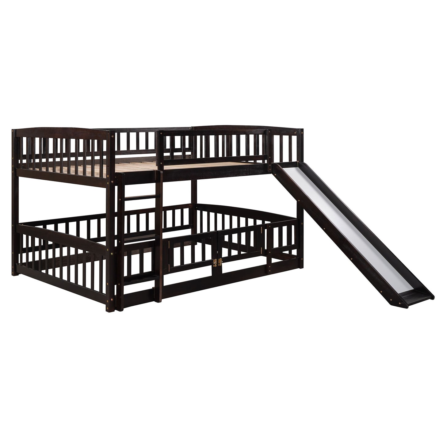 Full Over Full Low Bunk Bed With Slide, Fence And Ladder For Toddler - Espresso