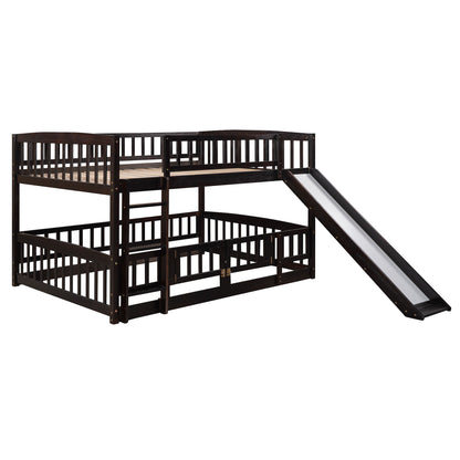 Full Over Full Low Bunk Bed With Slide, Fence And Ladder For Toddler - Espresso