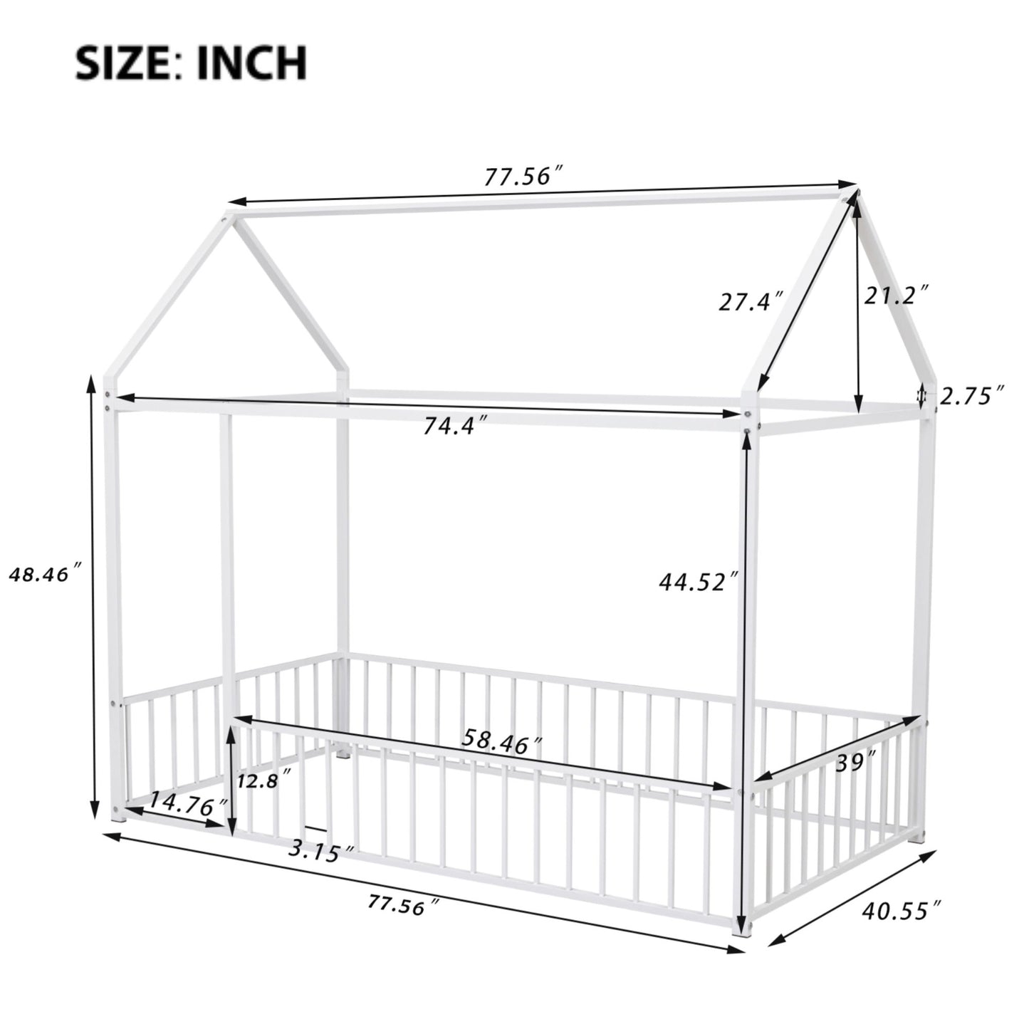 Twin Size Bed House Bed Frame With Fence - White