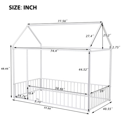 Twin Size Bed House Bed Frame With Fence - White