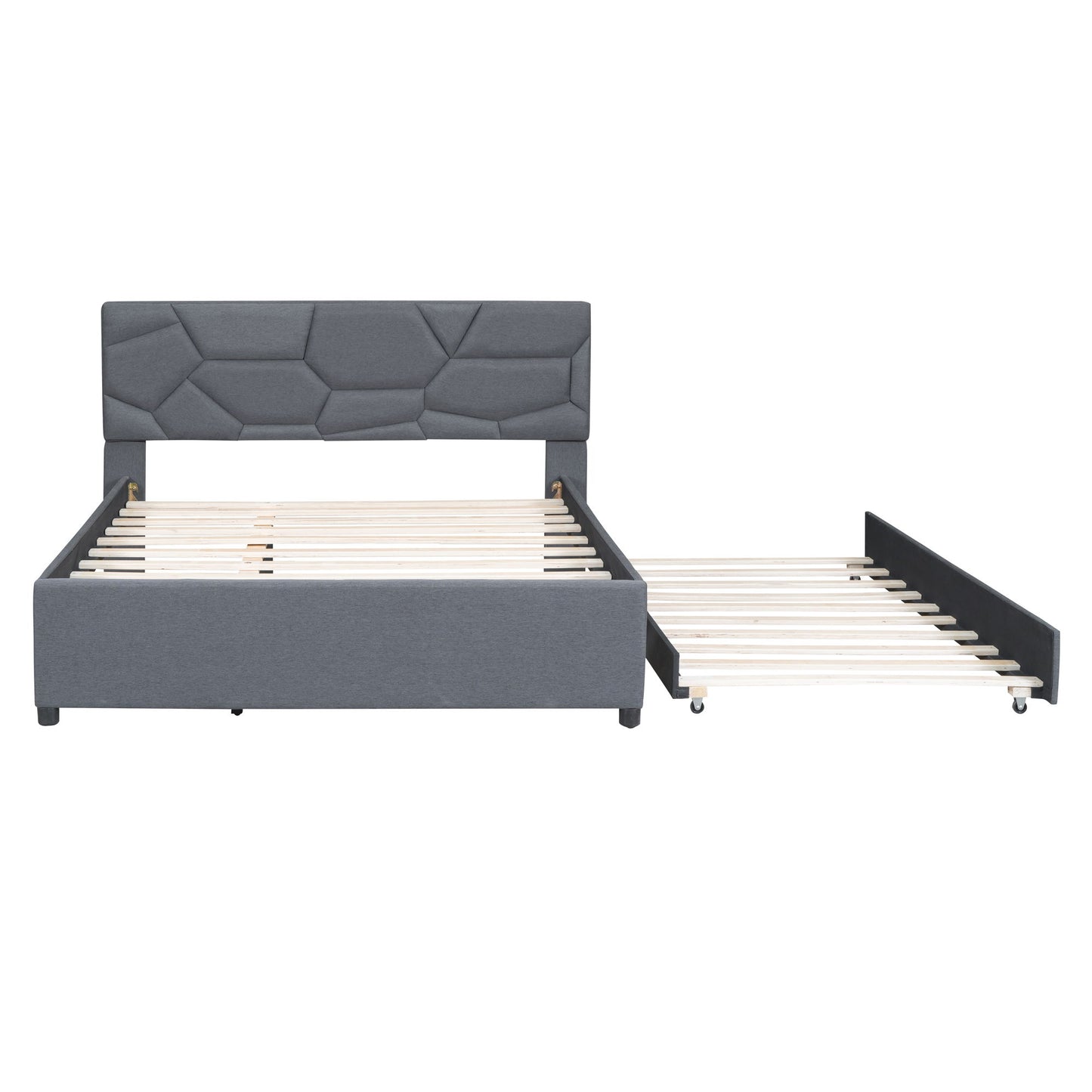 Queen Size Upholstered Platform Bed With Brick Pattern Headboard And Twin Long Size Trundle - Gray