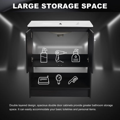 Modern Freestanding 30" Bathroom Vanity With Ceramic Sink, Soft Closing Doors Cabinet - Dark Oak