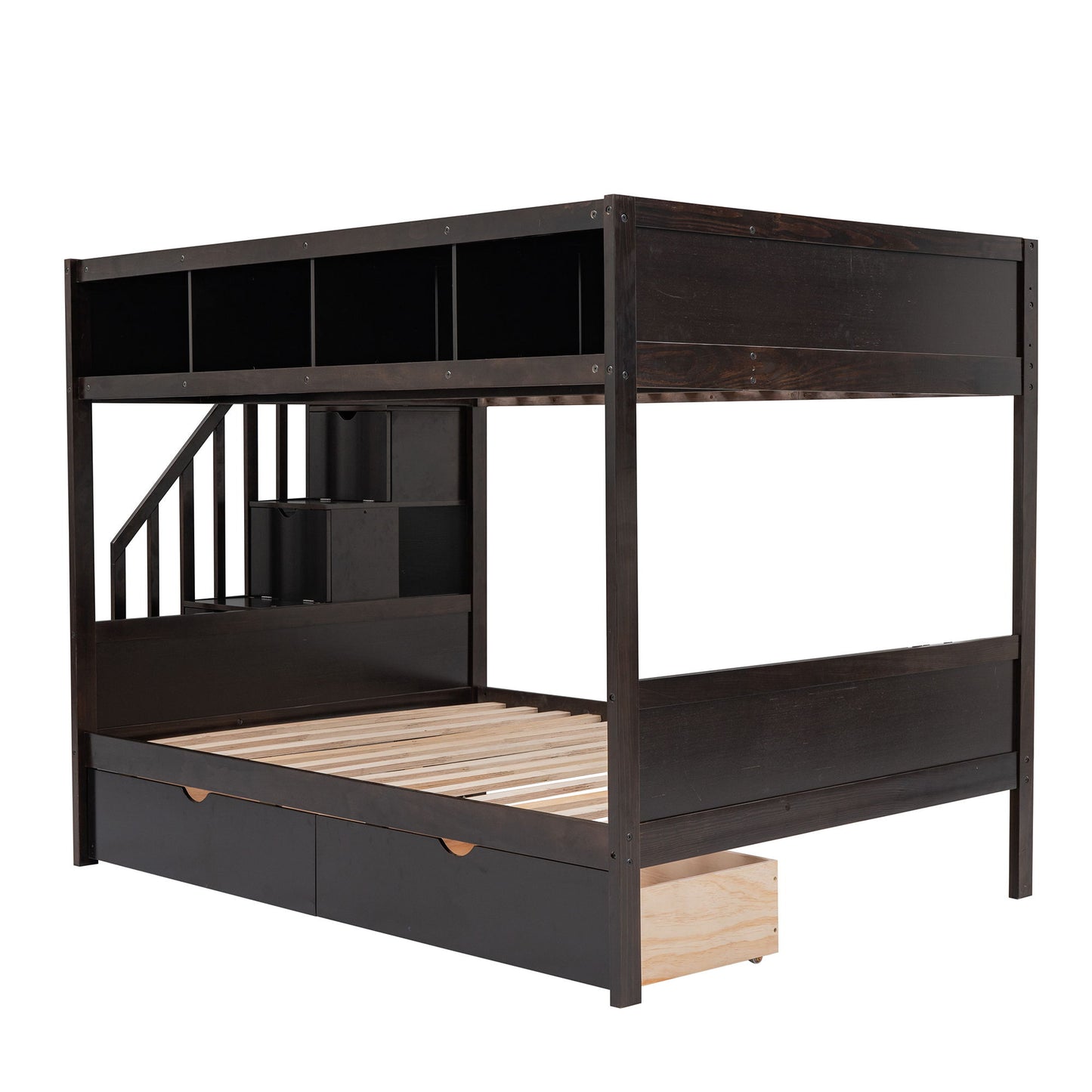Twin Over Full Bunk Bed With Shelfs, Storage Staircase And 2 Drawers - Espresso