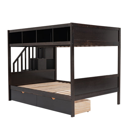 Twin Over Full Bunk Bed With Shelfs, Storage Staircase And 2 Drawers - Espresso