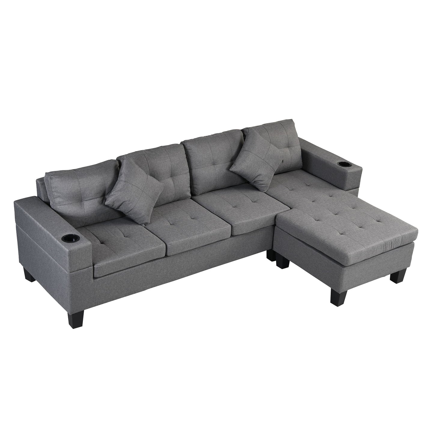 Sectional Sofa Set For Living Room With L Shape Chaise Lounge, Cup Holder And Left Or Right Hand Chaise Modern 4 Seat - Gray