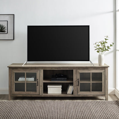 Modern Farmhouse 2 Door Glass Windowpane 70" TV Stand For 80" TVs - Gray Wash