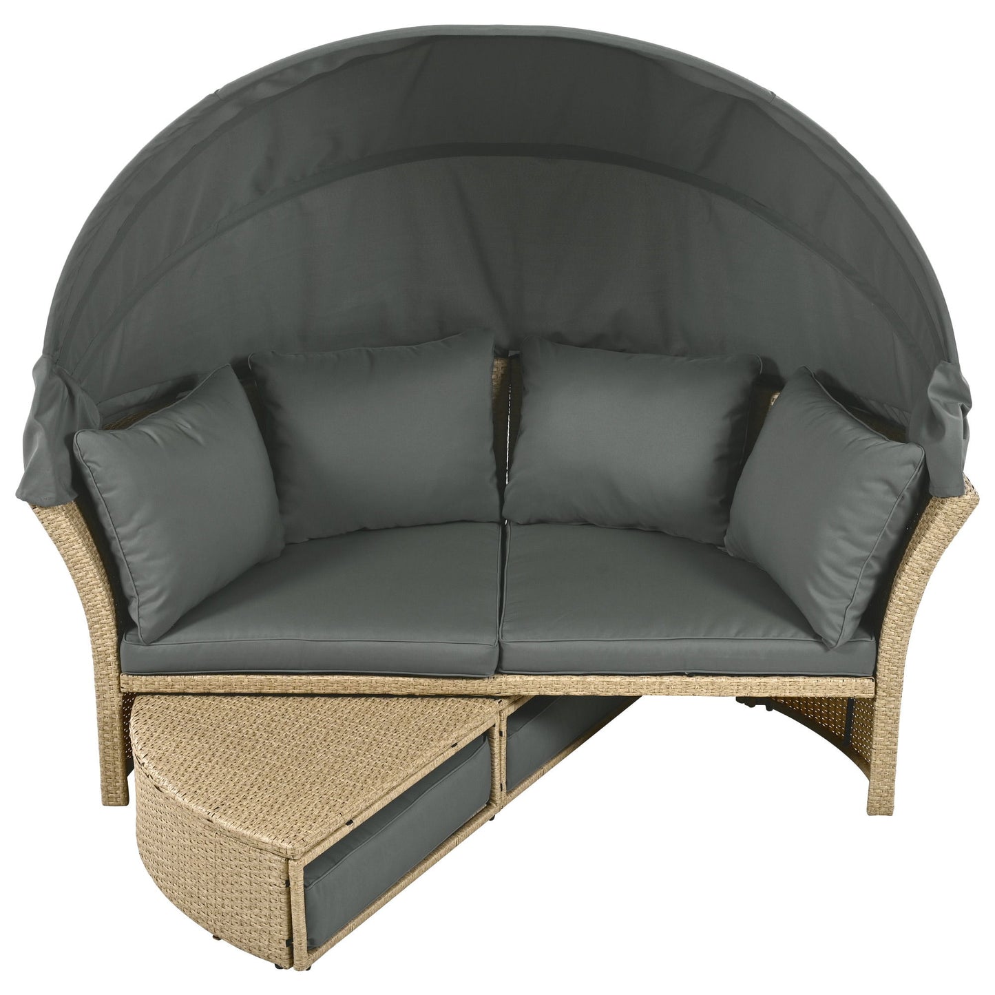 Outdoor Patio Daybed Wicker Rattan Double Daybed Round Sofa Furniture Set With Retractable Canopy, 4 Pillows For Lawn Garden Backyard Porch Pool - Gray