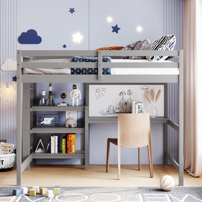 Full Size Loft Bed With Shelves, Desk And Writing Board - Gray