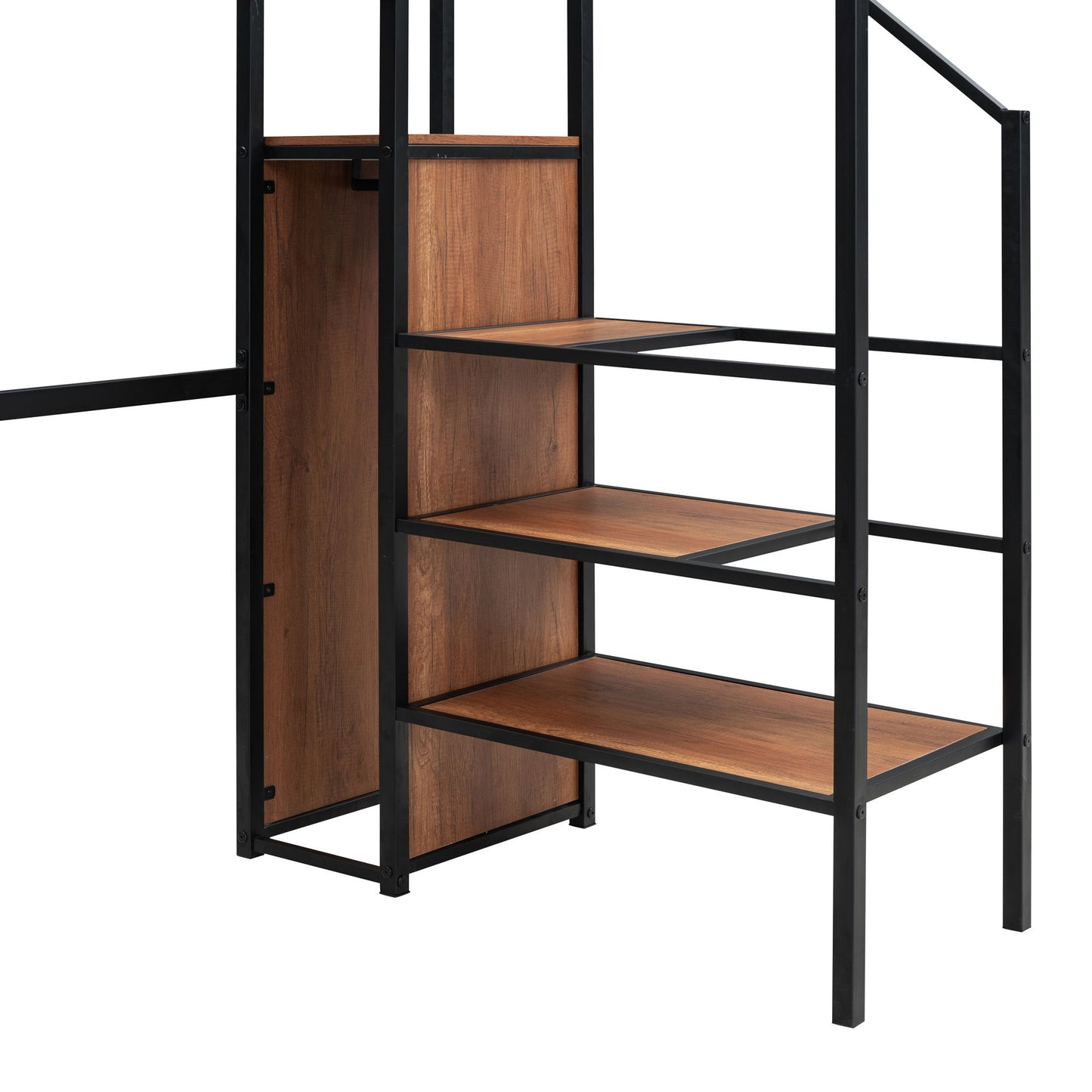 Twin Size Loft Bed With Desk And Grid, Stylish Frame With Lateral Storage Ladder And Wardrobe - Black