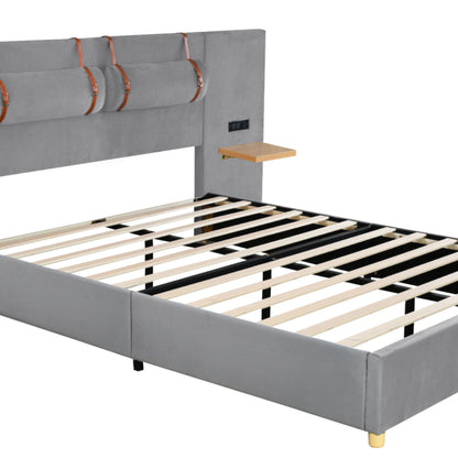 Queen Upholstered Platform Bed, 2 Outlets And USB Charging Ports On Both Sides, 2 Bedside Pillows, Storage Shelves - Gray