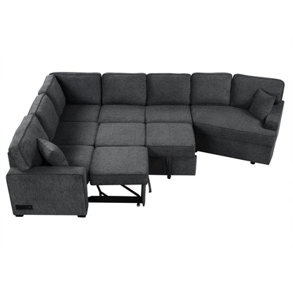 L-Shaped Sofa Sectional Sofa Couch Pull-Out Sofa Bed With Charging Devices And Cup Holders For Living Room - Blue Black