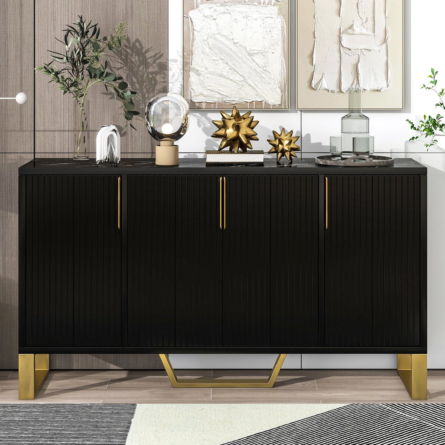Modern Sideboard With Four Doors, Metal Handles & Legs And Adjustable Shelves Kitchen Cabinet - Black