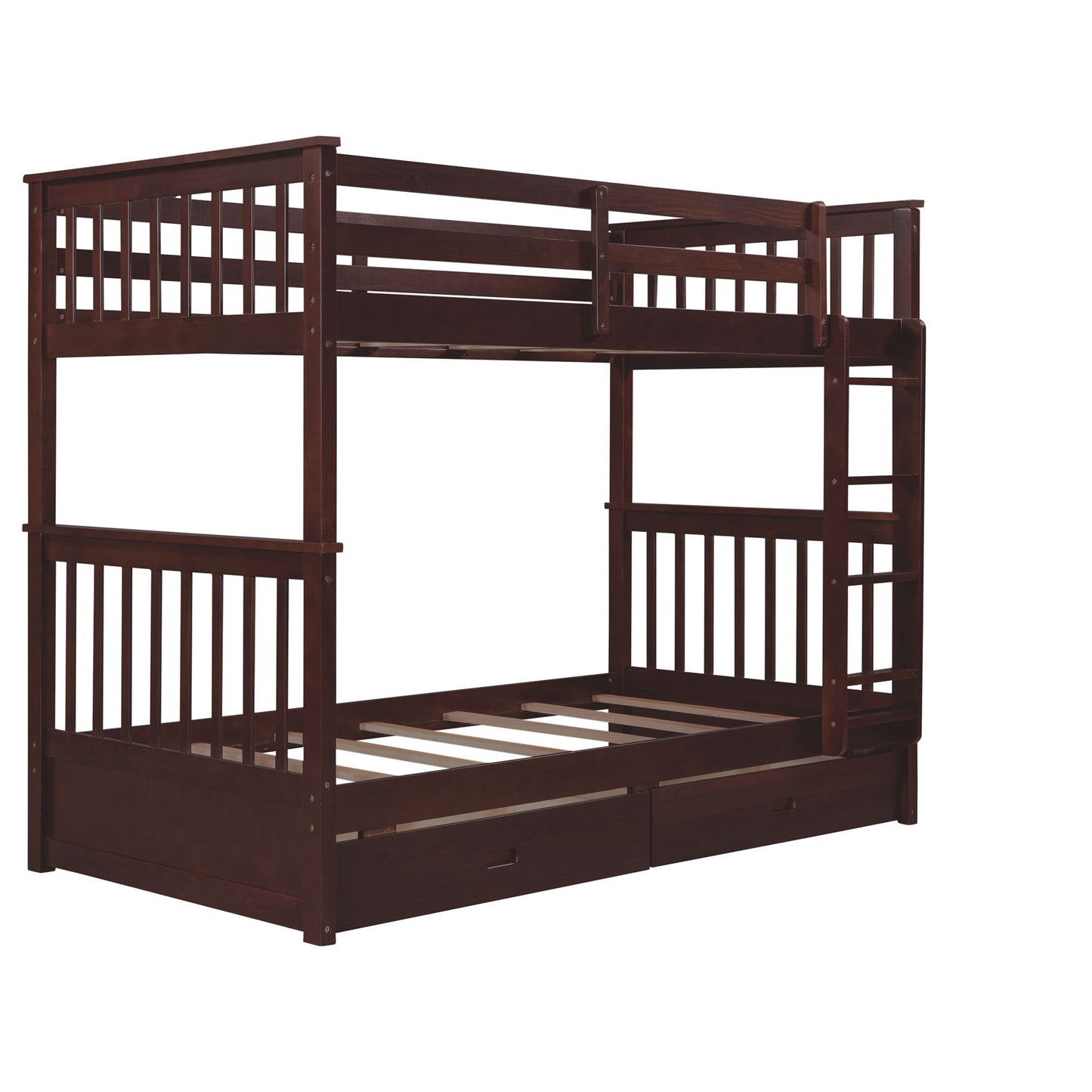 Twin Over Twin Bunk Bed With Ladders And 2 Storage Drawers - Espresso
