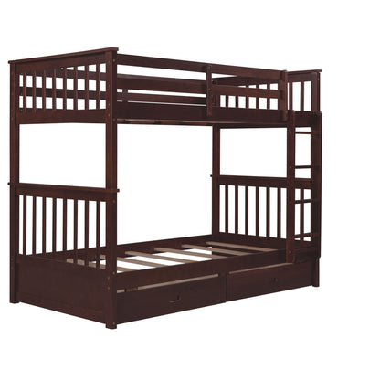 Twin Over Twin Bunk Bed With Ladders And 2 Storage Drawers - Espresso