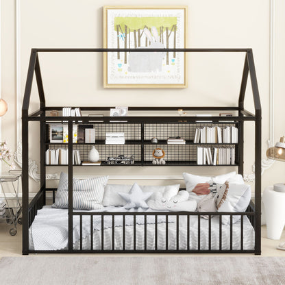 Twin Size Bed House Frame With Fence And Shelves - Black