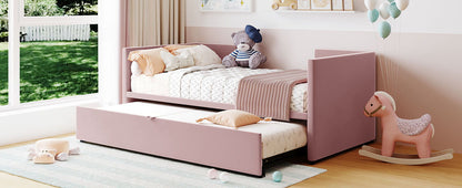 Twin Size Upholstered Daybed With Pop Up Trundle - Pink