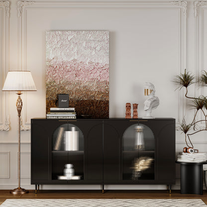 Accent Cabinet Lacquered Wooden Cabinet With 4 Glass Doors Sideboard Buffet Server Cabinet Storage Cabinet, For Living Room, Entryway, Hallway, Office, Kitchen And Dining Room - Black