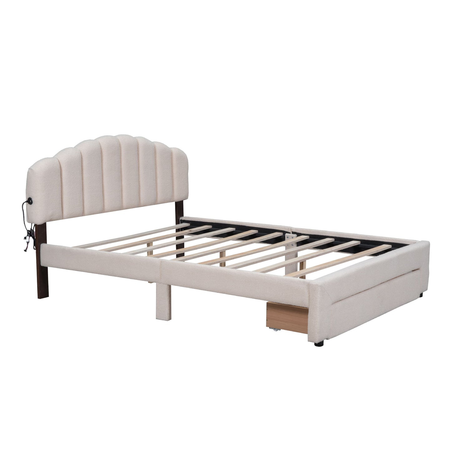 Queen Size Upholstered Platform Bed With Drawer - Beige