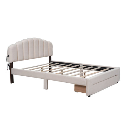 Queen Size Upholstered Platform Bed With Drawer - Beige