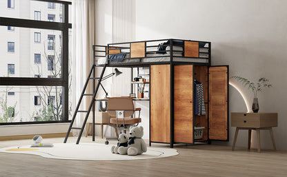 Twin Size Loft Bed With L Shape Desk And Wardrobe - Black