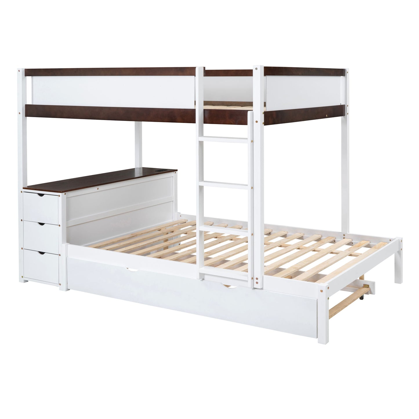 Full Over Full Bunk Bed With Twin Size Trundle, Storage And Desk - White / Walnut
