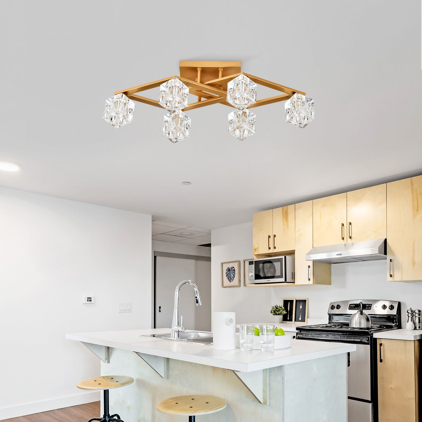 6 Light Crystal Ceiling Light For Dining Room, Modern Ceiling Lamp With Light Fixture For Entryway, Lobby, Kitchen, Bedroom, Living Room, Conference Room, (6*G9 Bulbs Included) - Gold